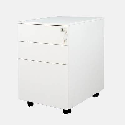 A file cabinet with wheels has another a